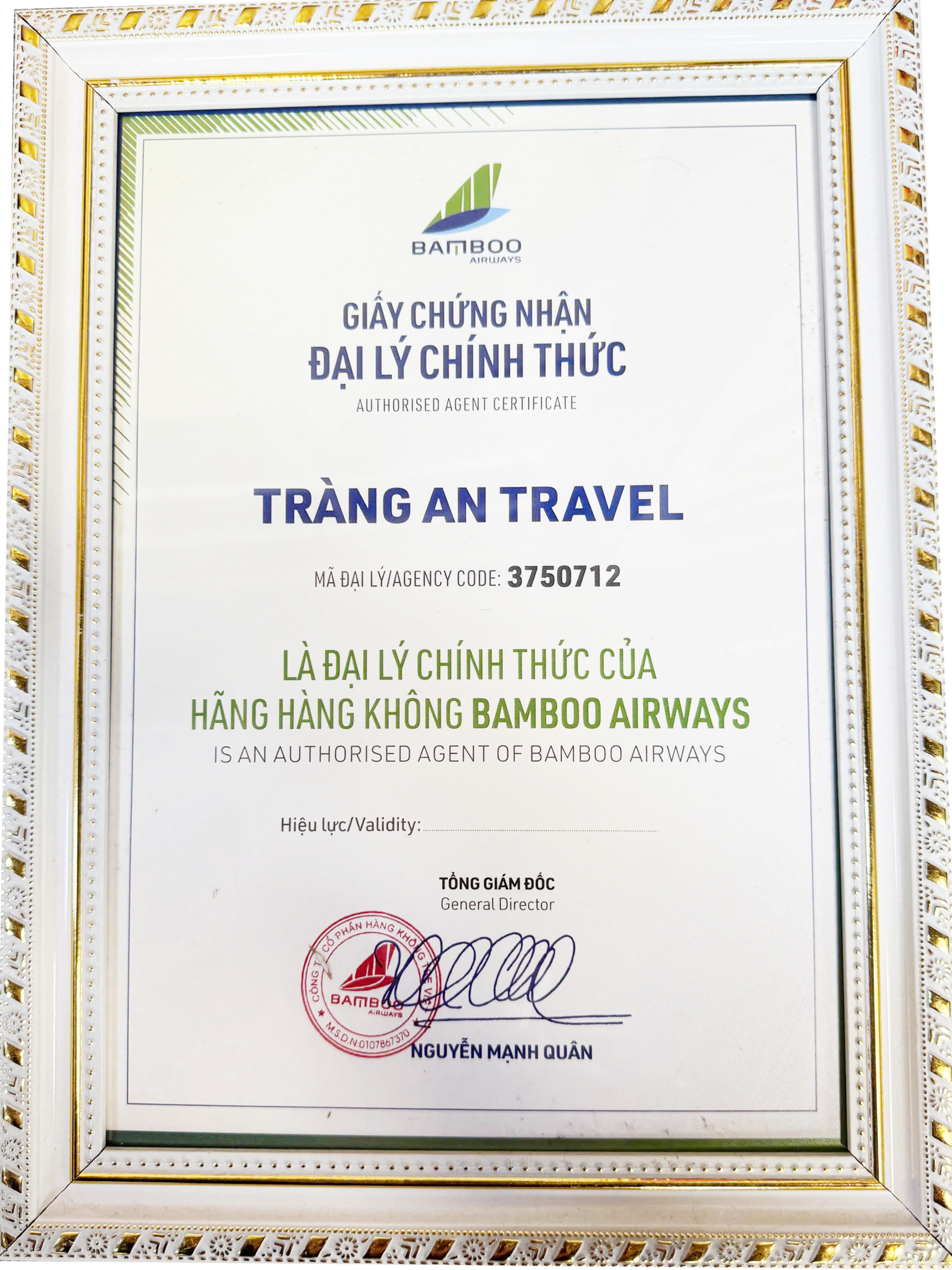 GIẤY CHỨNG NHẬN ĐẠI LÝ CHÍNH THỨC CỦA BAMBOO AIRWAYS